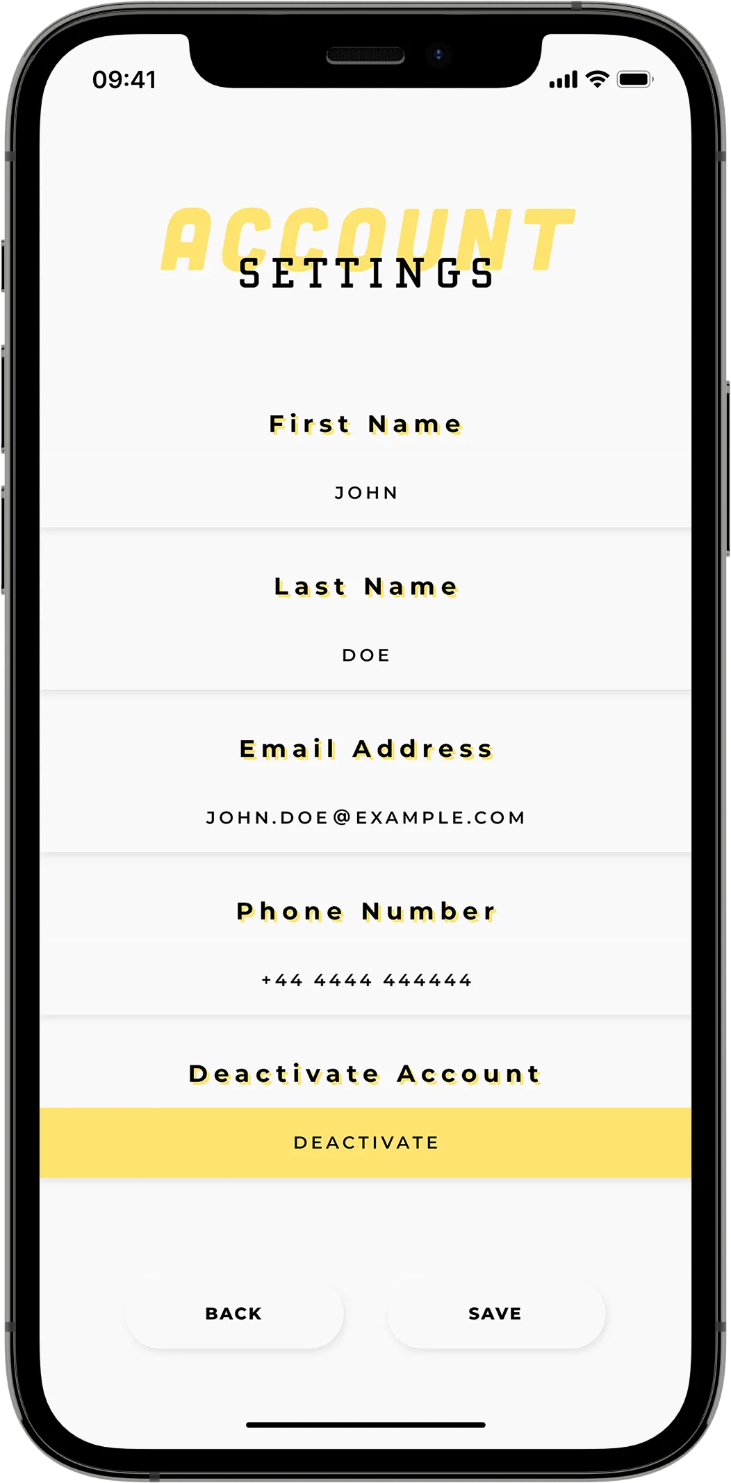 A mobile mock-up showing a list of various yellow-accented "Account" settings on a white background.