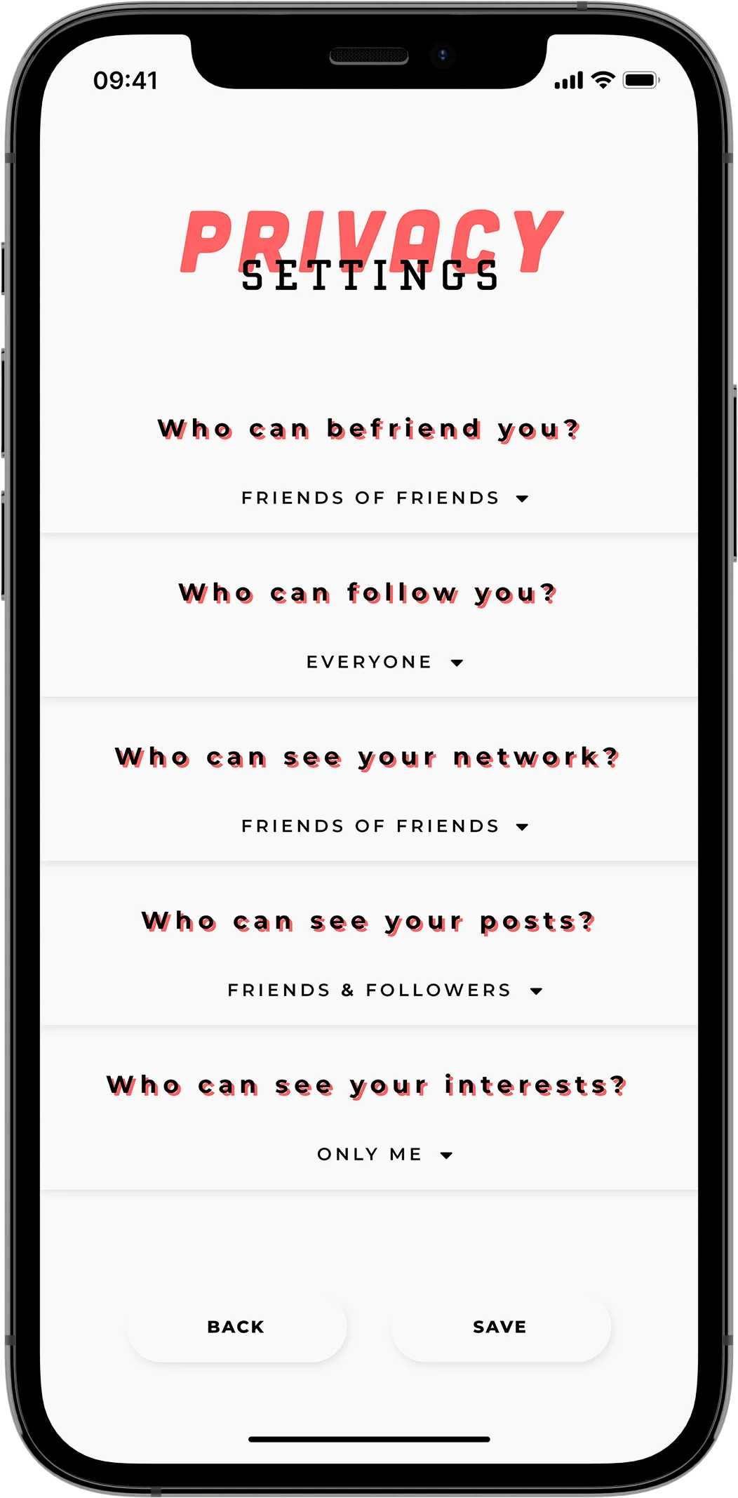 A mobile mock-up showing a list of various red-accented "Privacy" settings on a white background.