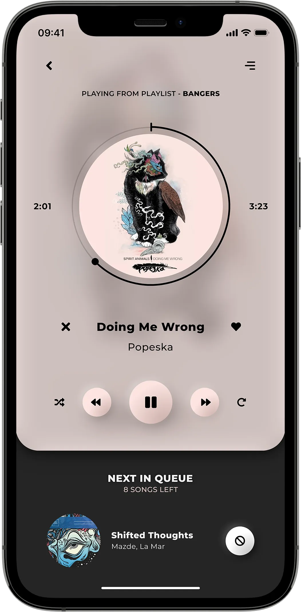 A mobile mock-up showing a music player with controls featuring the song "Doing Me Wrong" by "Popeska" on a peach background.