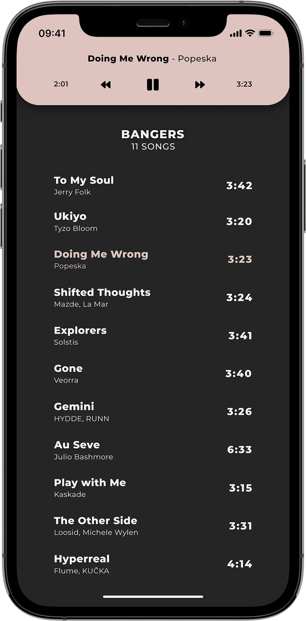 A mobile mock-up showing a condensed music player with controls above a hidden playlist queue on a black background.