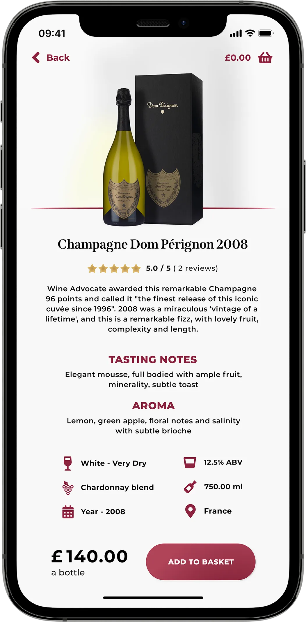 A mobile mock-up showing a product screen containing facts and an image of a champagne bottle on a white background.