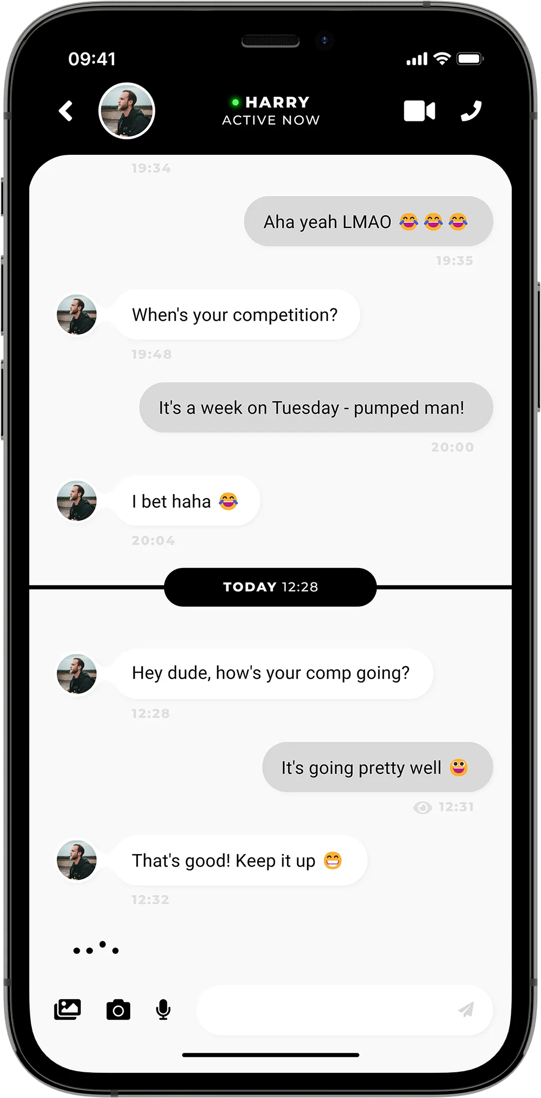 A mobile mock-up showing an example conversation with contextual messages about an archery competition on a white background.