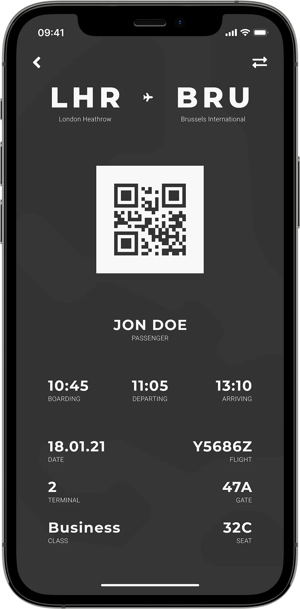 A mobile mock-up showing journey location titles, a prominent white QR code, and boarding information on a black background.