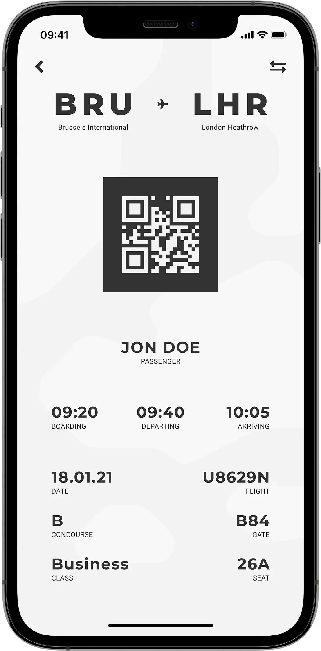 A mobile mock-up showing journey location titles, a prominent black QR code, and boarding information on a white background.