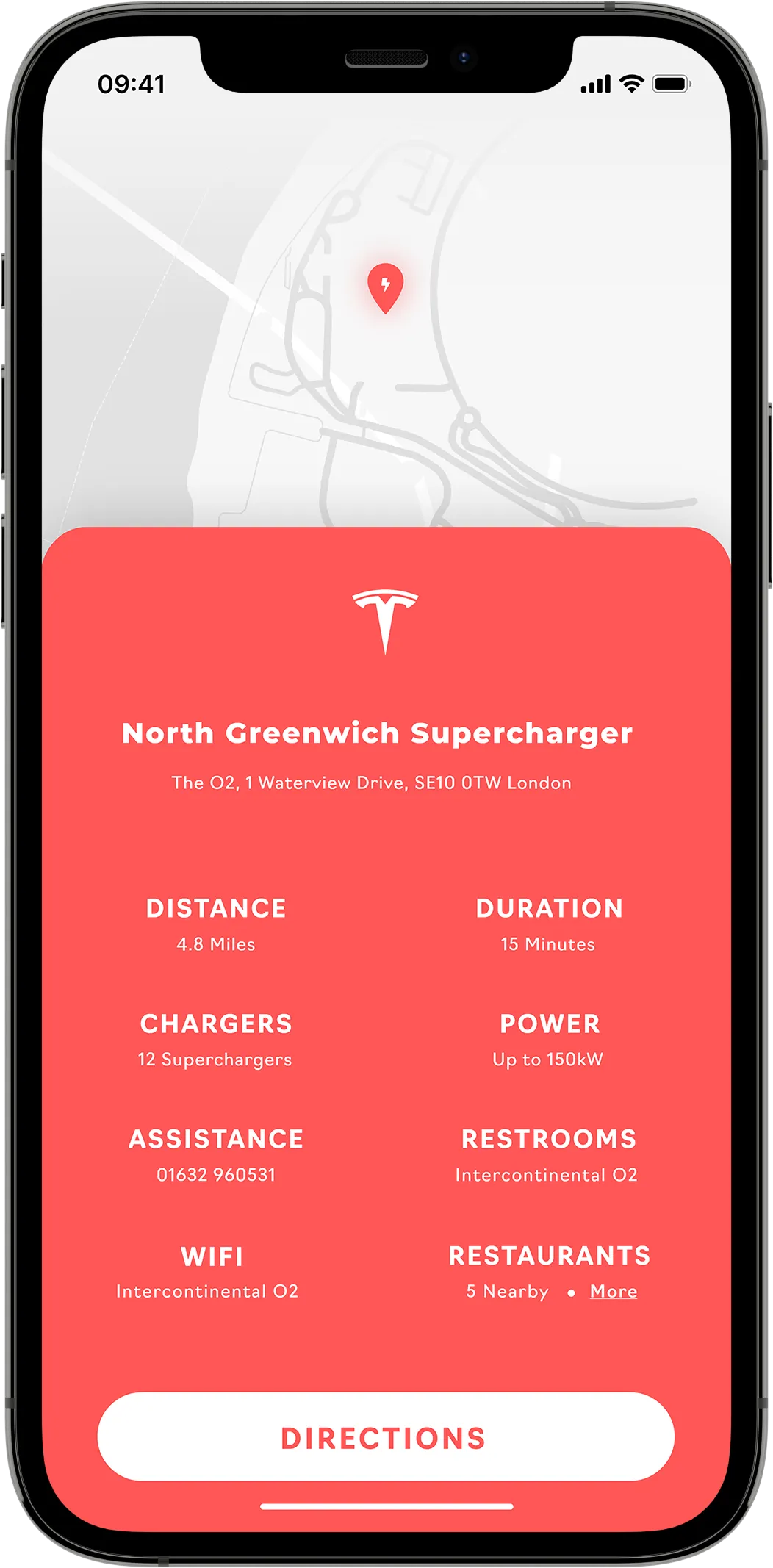 A mobile mock-up showing a red expanded informational card above a white real-time map background with a red location icon.