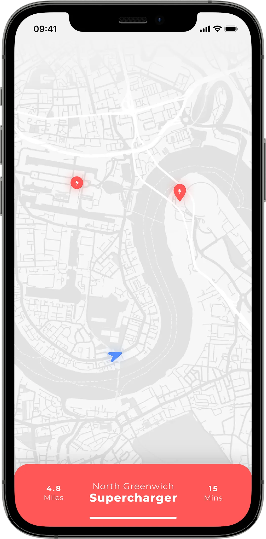 A mobile mock-up showing a red condensed informational card above a white real-time map background with red and blue icons.