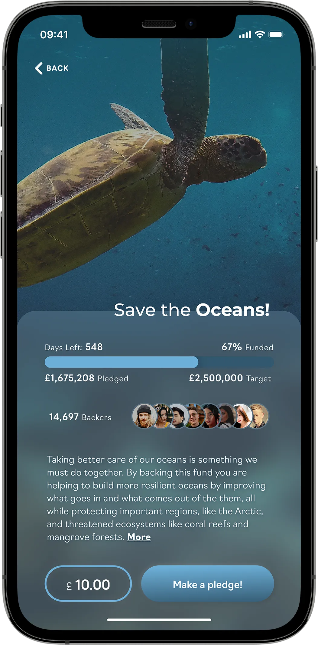 A mobile mock-up showing a blurred informational "Save the Oceans!" crowdfund card above an image of a turtle in an ocean.