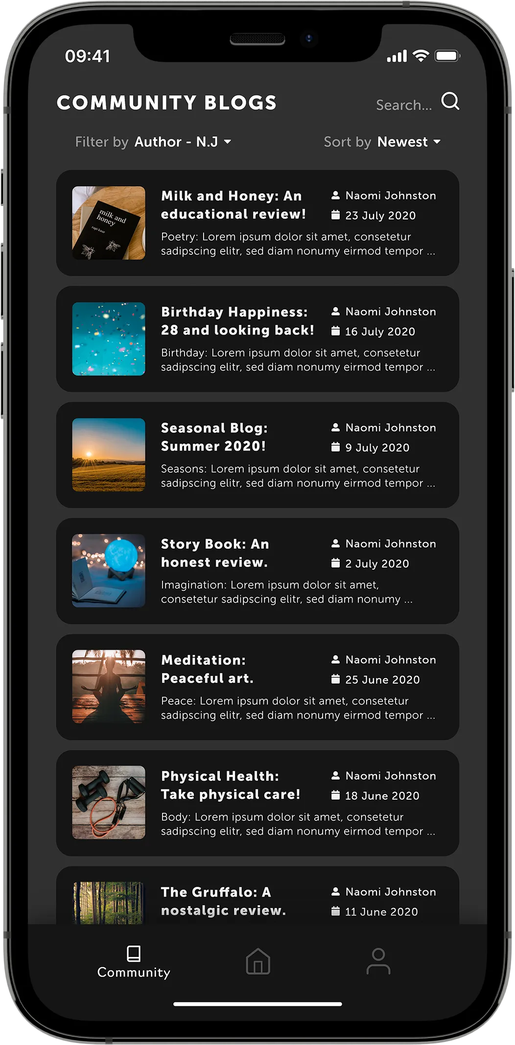 A mobile mock-up showing a "Community Blogs" screen containing a list of informational blog cards on a grey background.