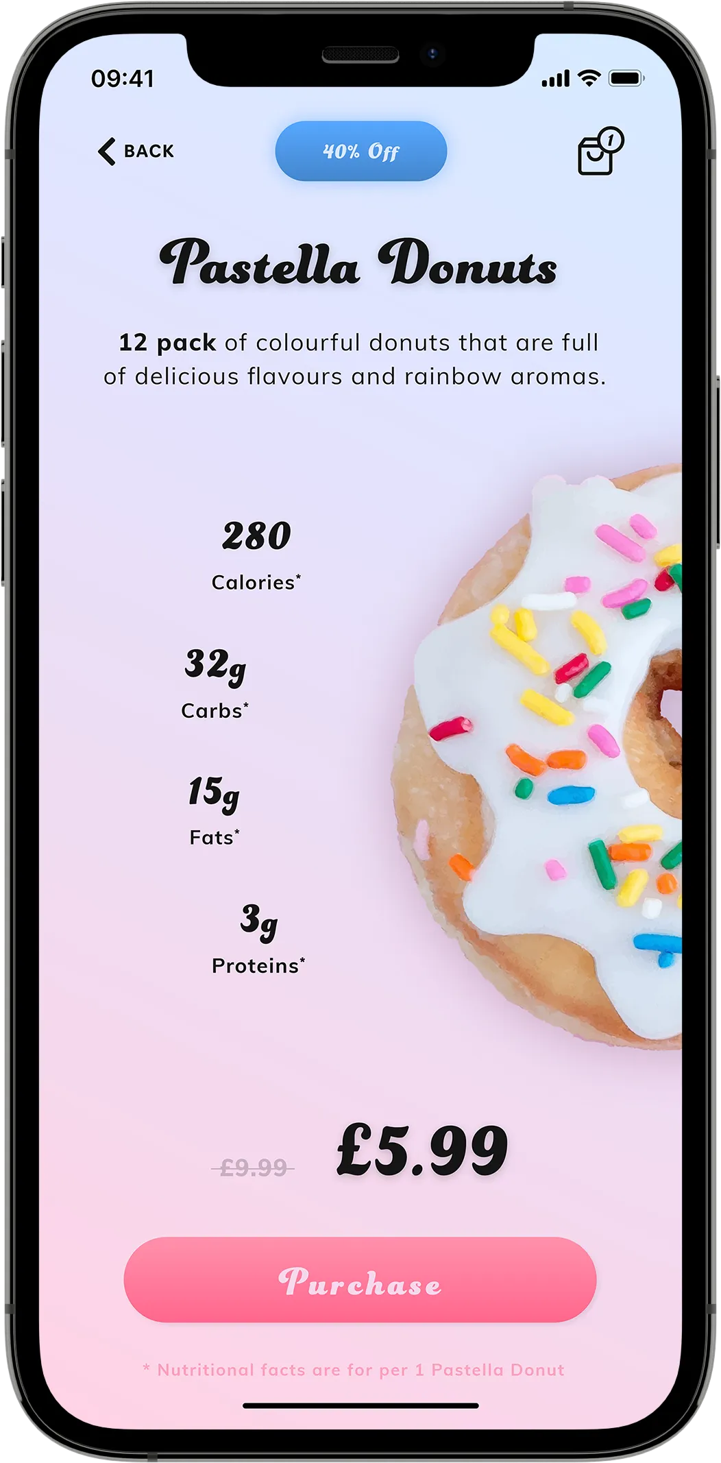 A mobile mock-up showing a product screen containing a sale tag, facts and an image of a doughnut on a gradient background.