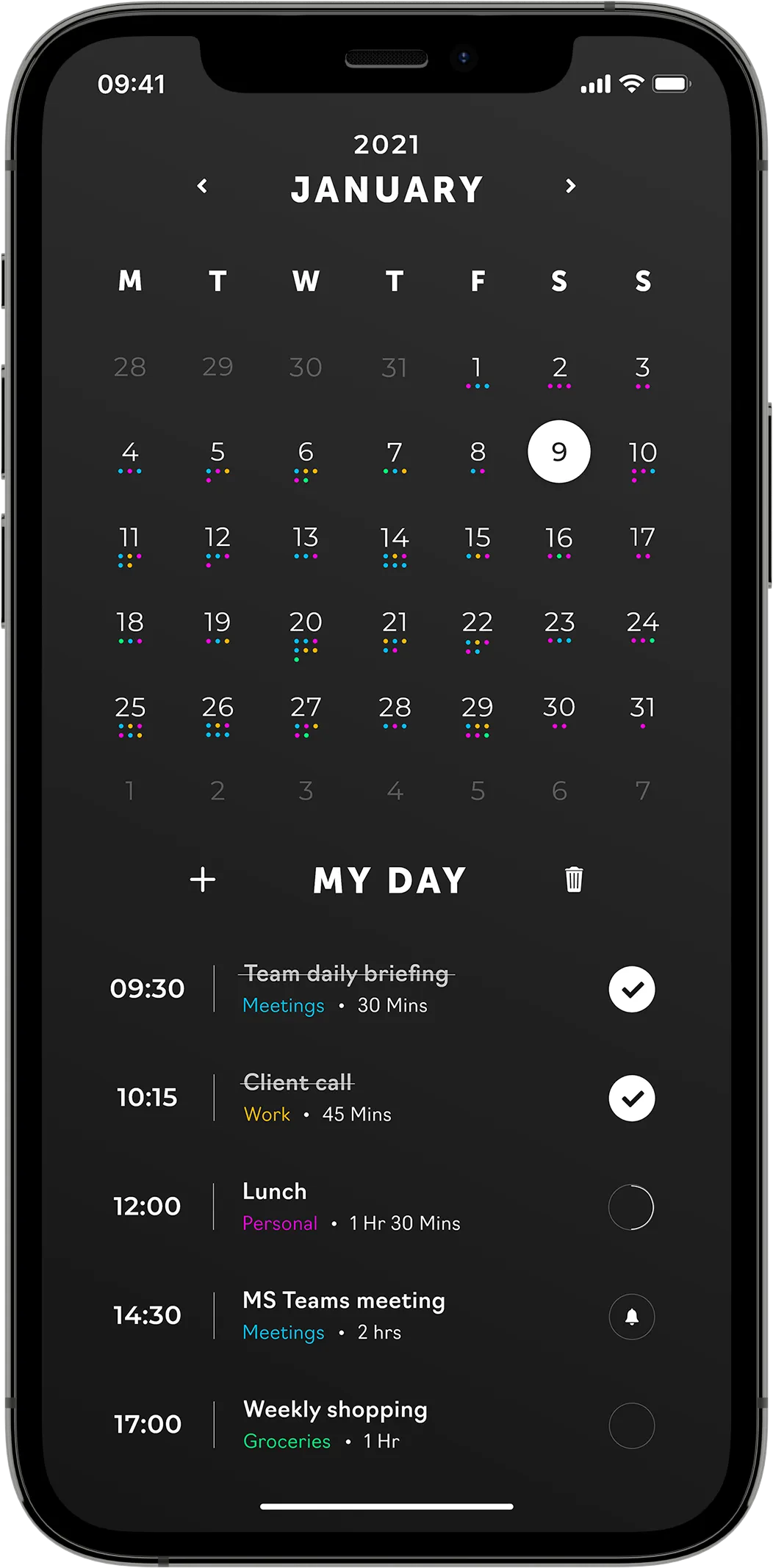 A mobile mock-up showing a monthly grid calendar above a clean, informational daily task list on a black background.