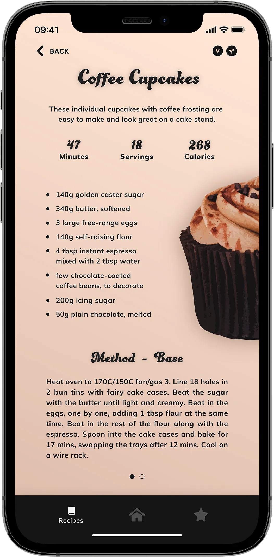 A mobile mock-up showing a title, recipe facts, an ingredient list, a cupcake image, and a method on a brown background.