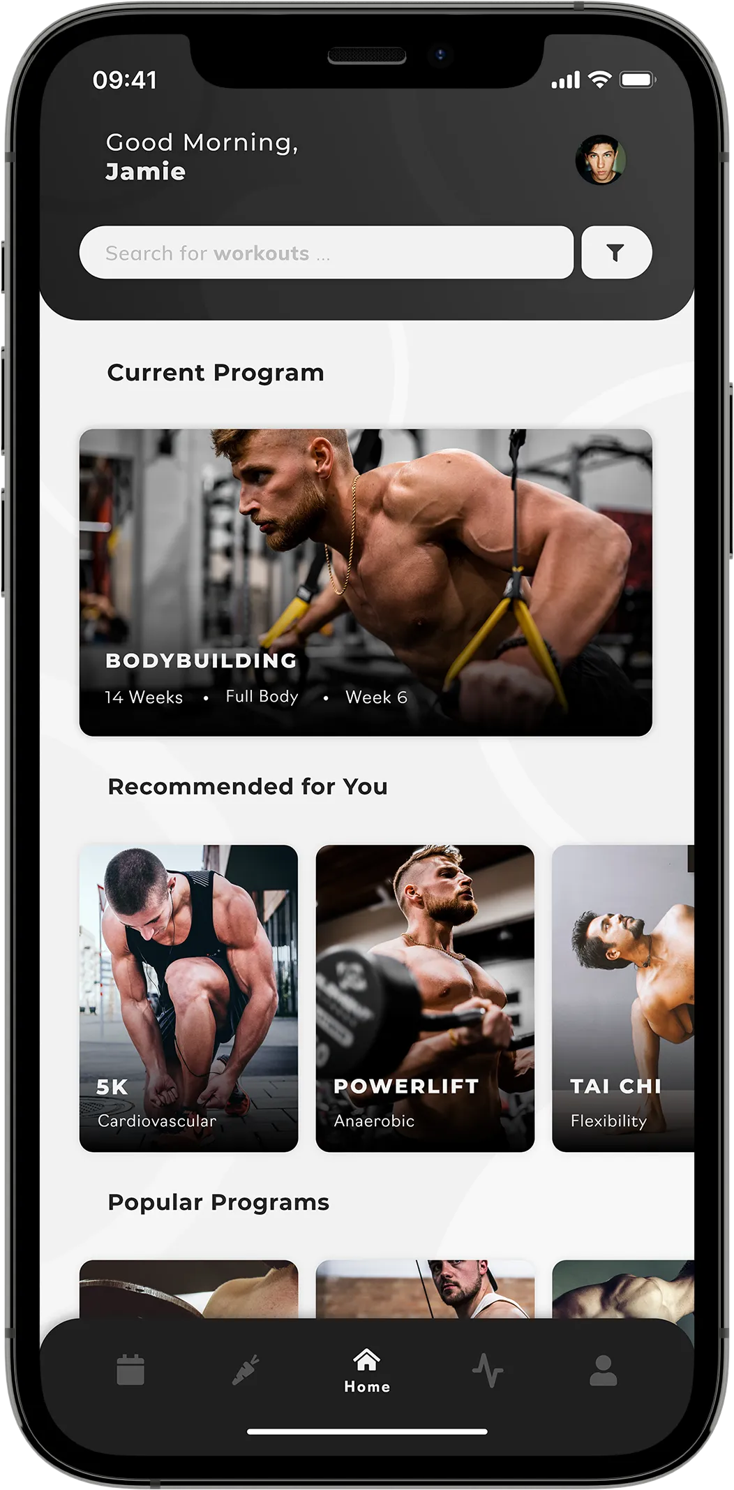 A mobile mock-up showing search and tab bar navigation and informational workout training cards on a white background.