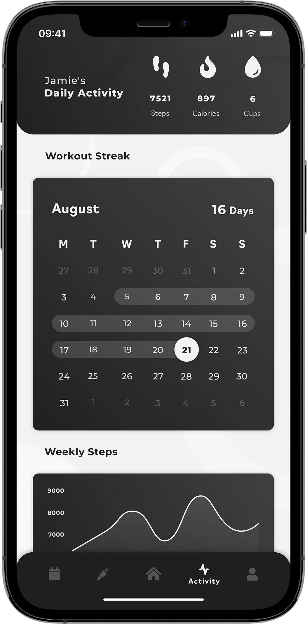 A mobile mock-up showing activity data and a monthly grid calendar above a "Weekly Steps" curve graph on a white background.