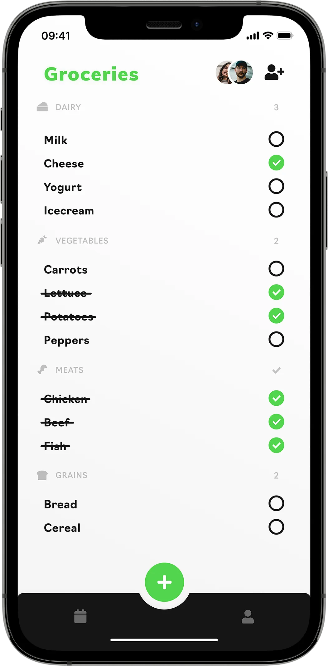 A mobile mock-up showing an example to-do intention of a "Groceries" list with crossed-out items on a white background.