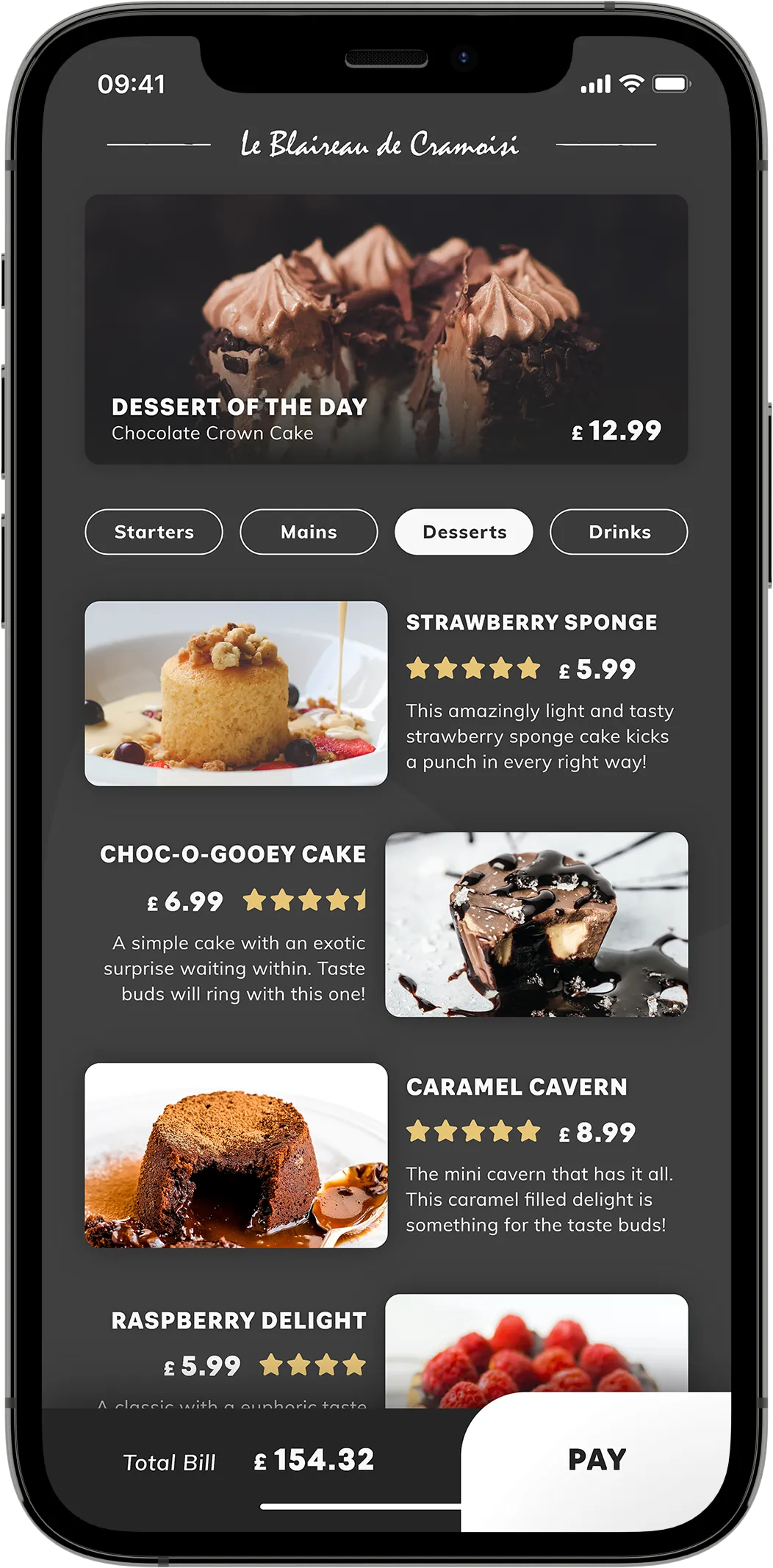 A mobile mock-up showing a menu screen containing tab navigation, images of dishes, facts, and payment on a black background.