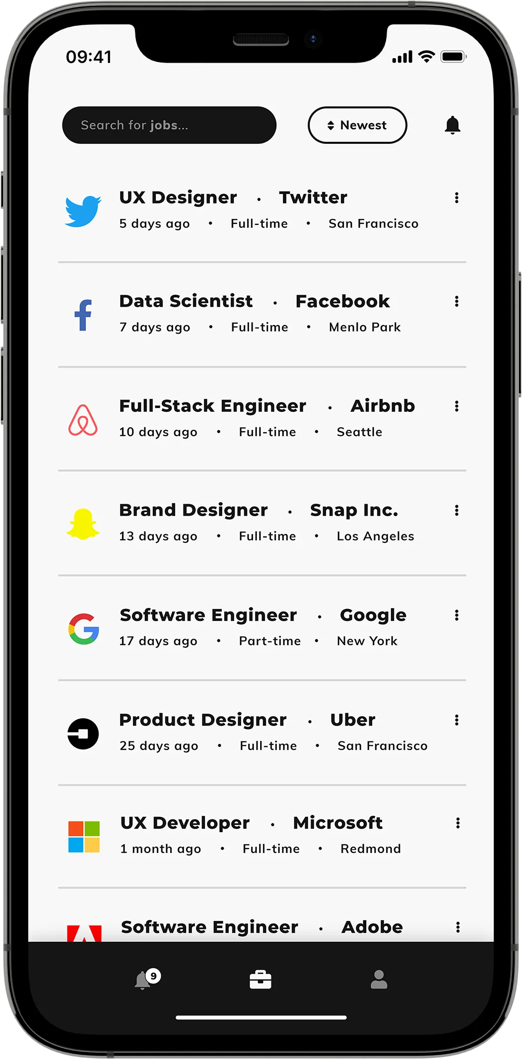 A mobile mock-up showing search and tab bar navigation and an informational list of contextual jobs on a white background.