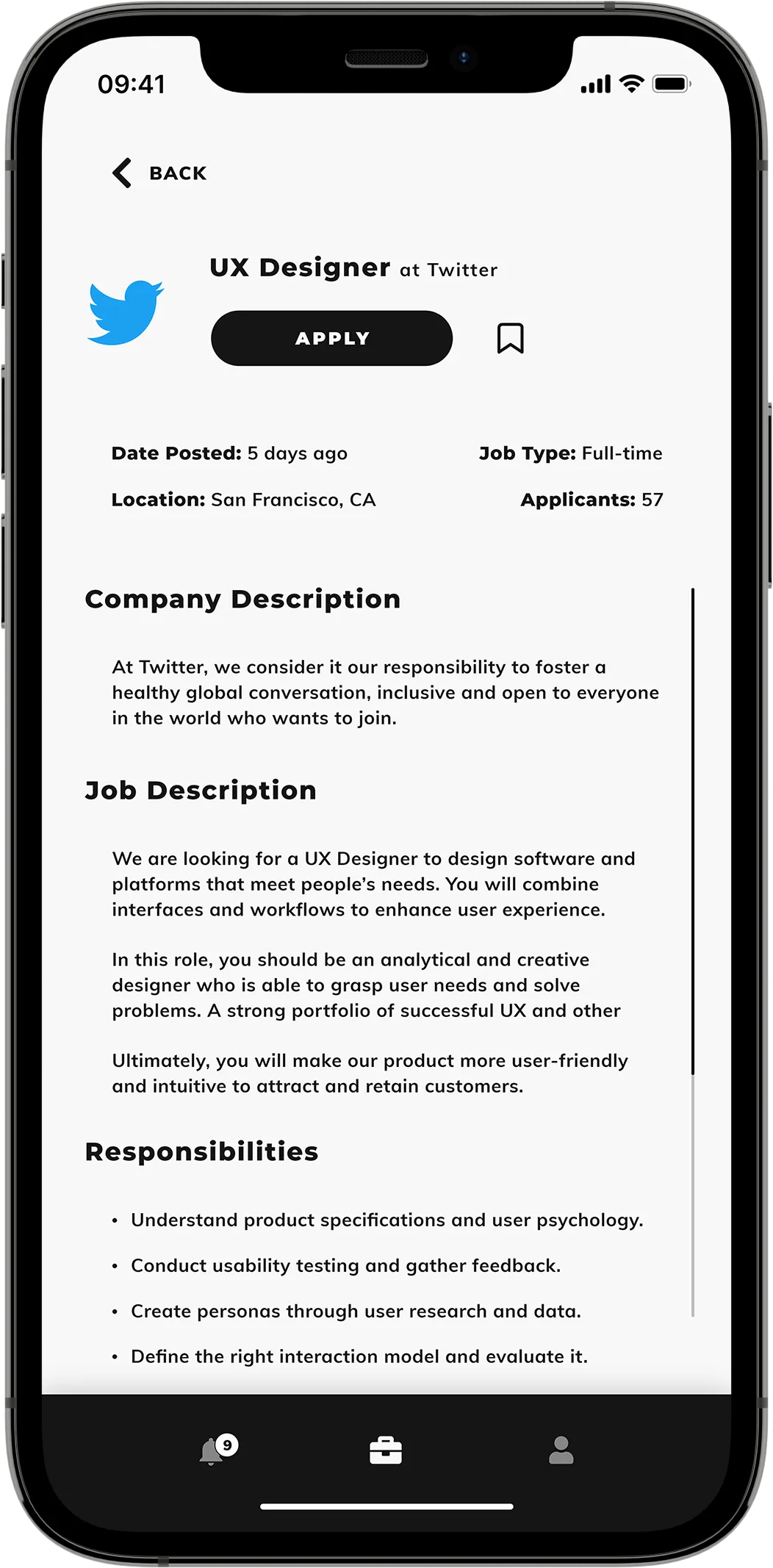 A mobile mock-up showing an example "UX Designer" job profile with a company logo and job content on a white background.