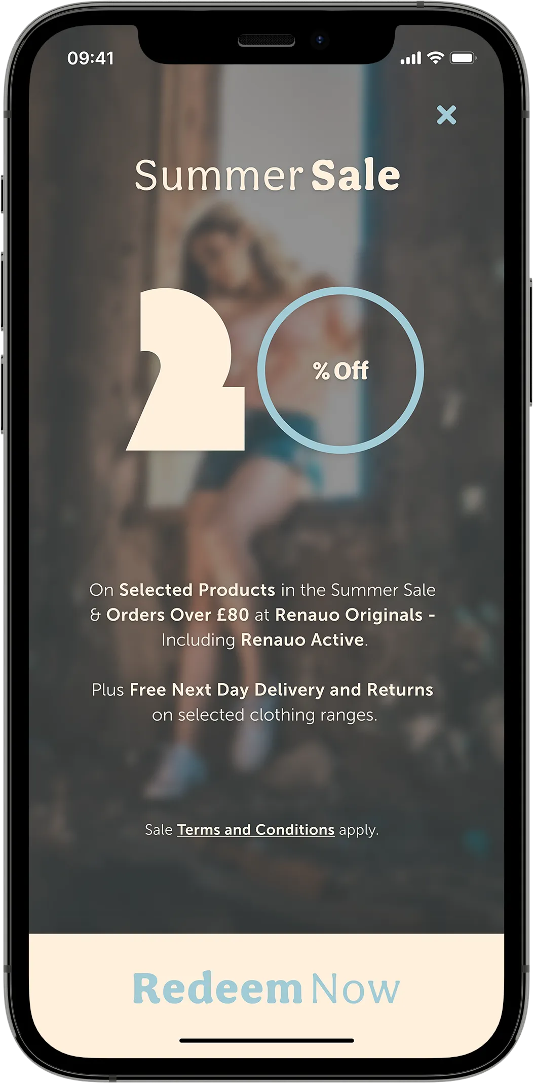 A mobile mock-up showing a "Summer Sale" screen containing a "20% Off" tag and description above a blurred image of a model.