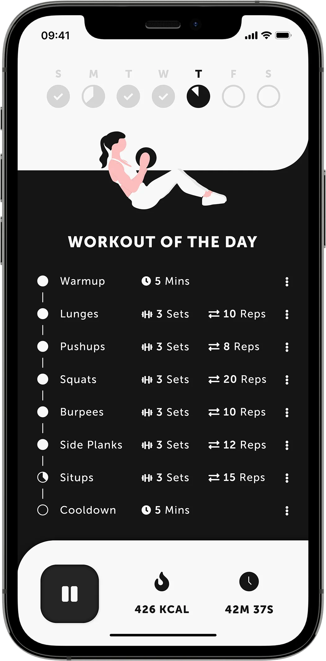 A mobile mock-up showing a workout tracker, illustration, exercise list and data, and a pause button on a black background.
