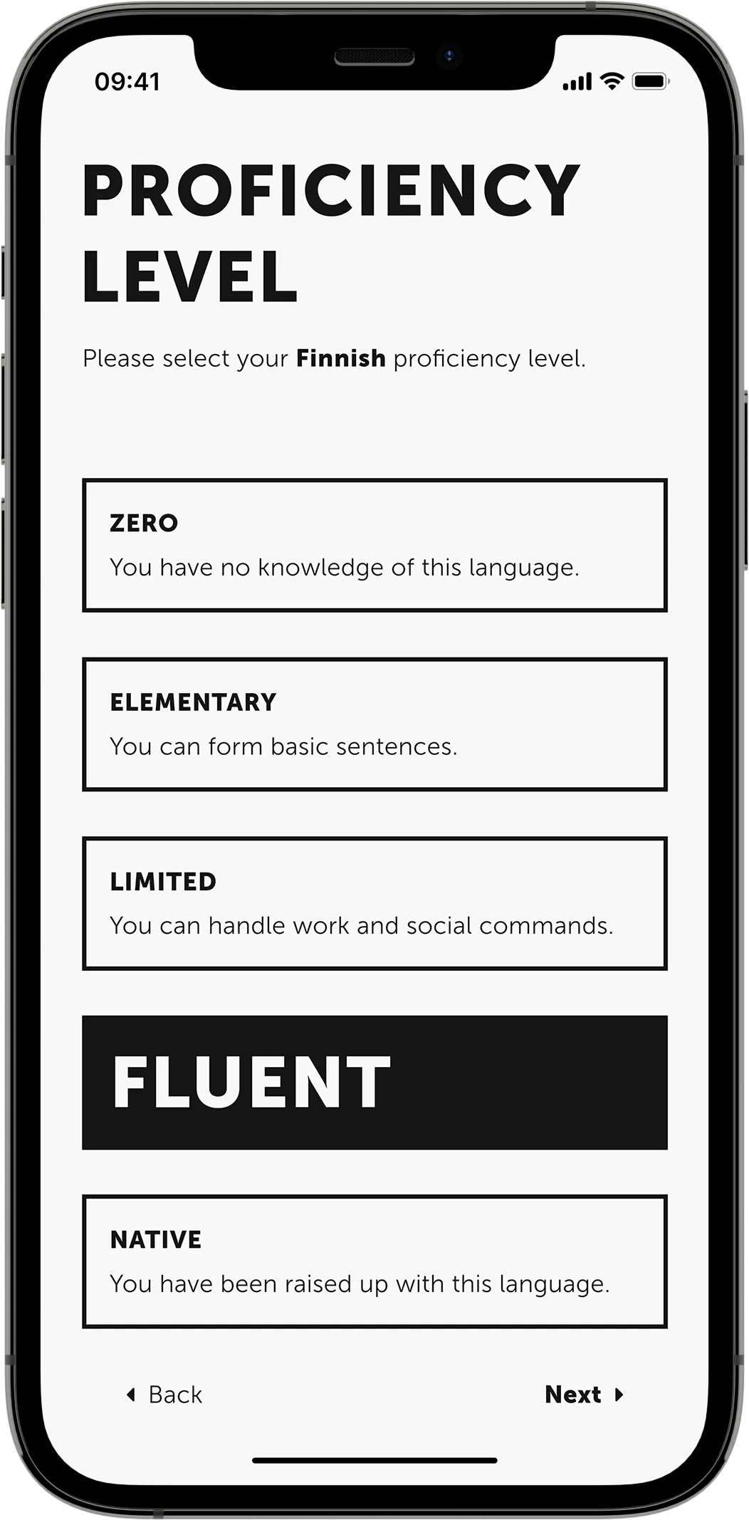 A mobile mock-up showing a "Proficiency Level" screen containing a selected option "Fluent" on a white background.