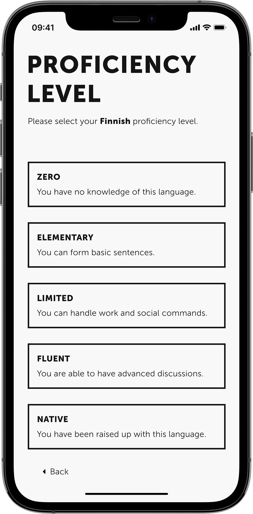 A mobile mock-up showing a "Proficinecy Level" screen containing a list of five unselected options on a white background.