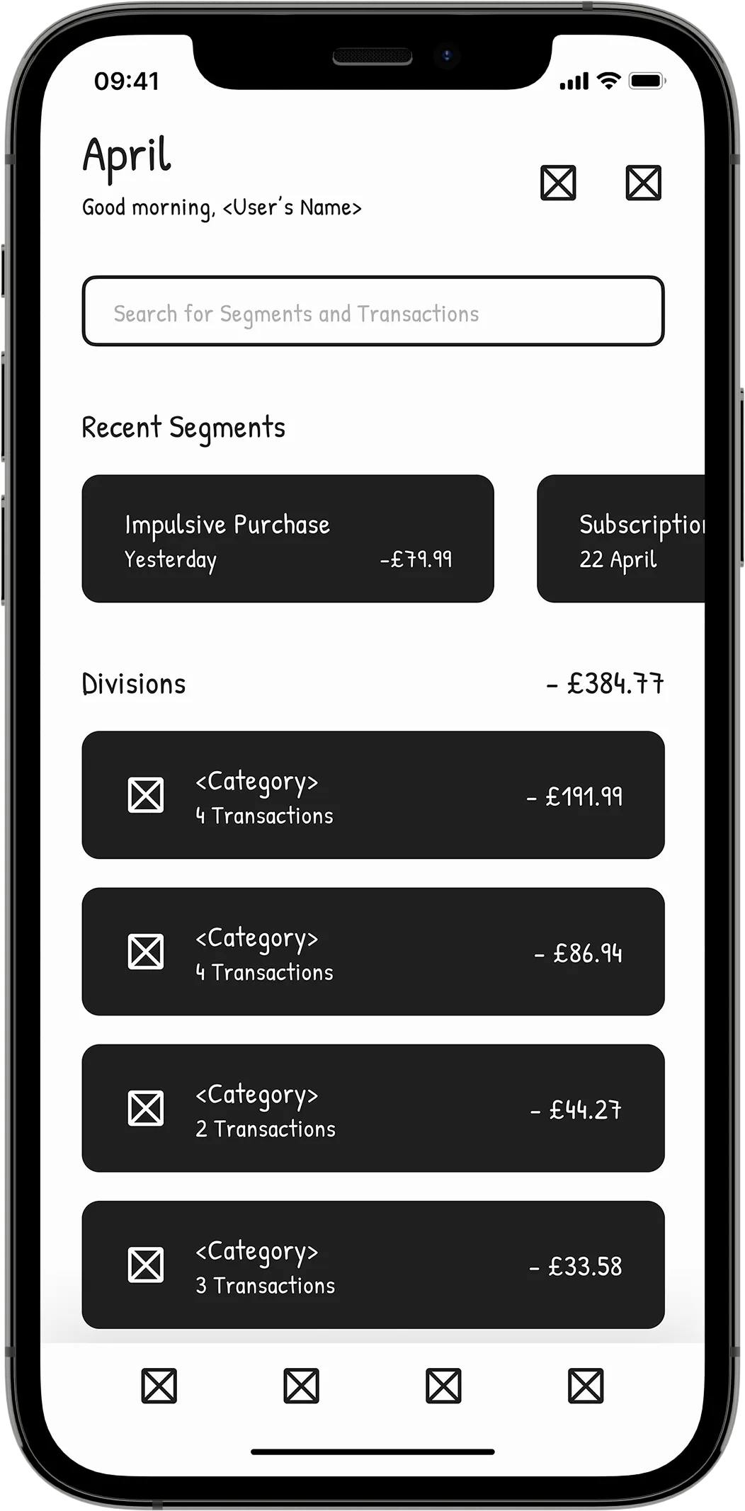 A mobile wireframe showing a dashboard screen containing search and tab bar navigation and informational cards.