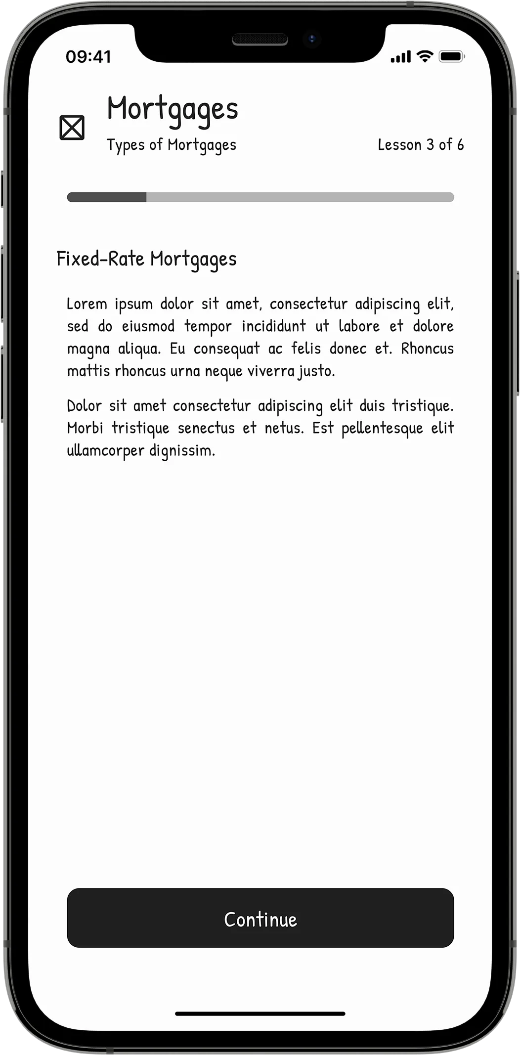 A mobile wireframe showing an example module lesson screen containing contextual lesson content about mortgages.