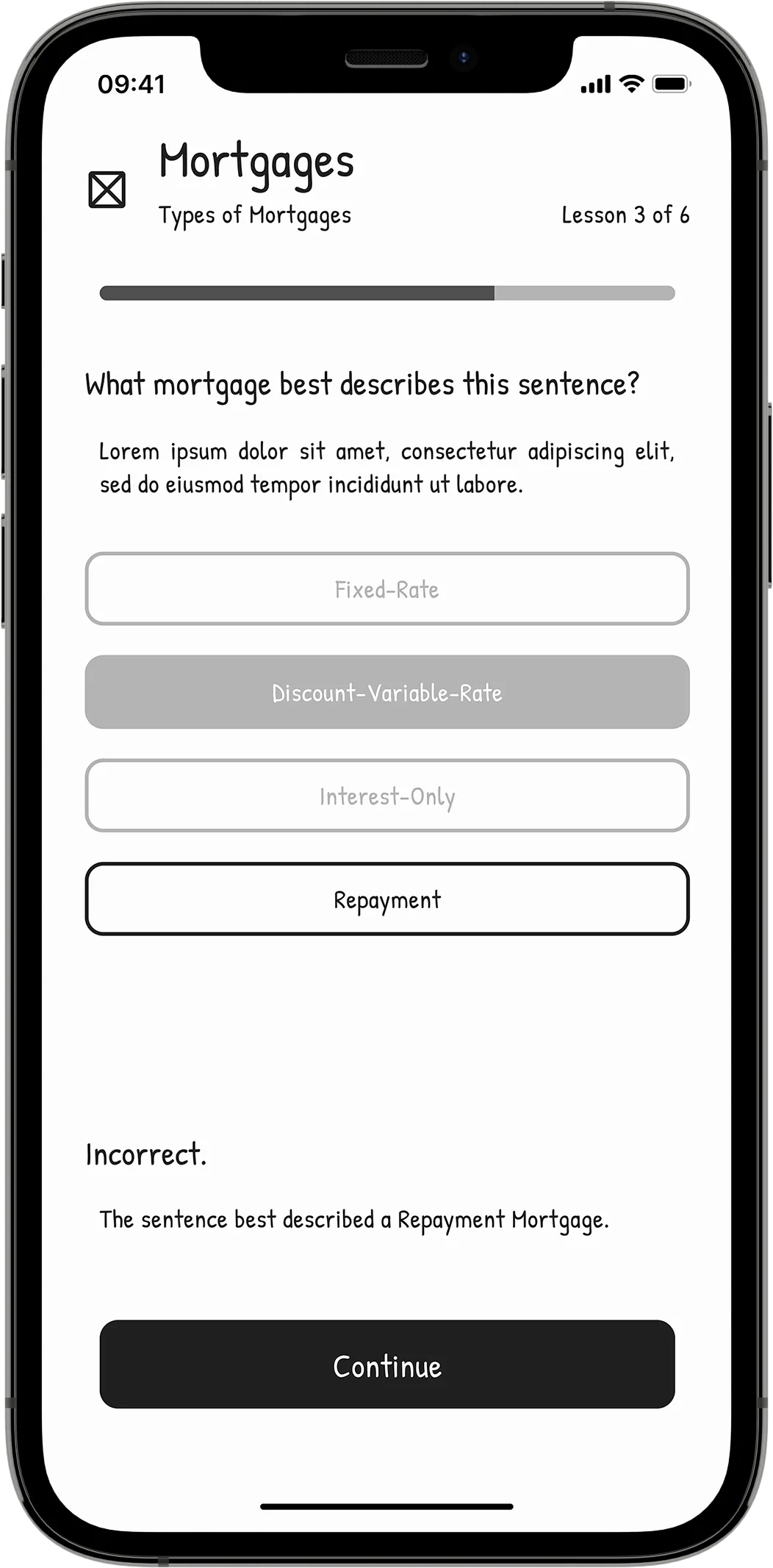 A mobile wireframe showing an example module quiz screen containing contextual question and answer content about mortgages.