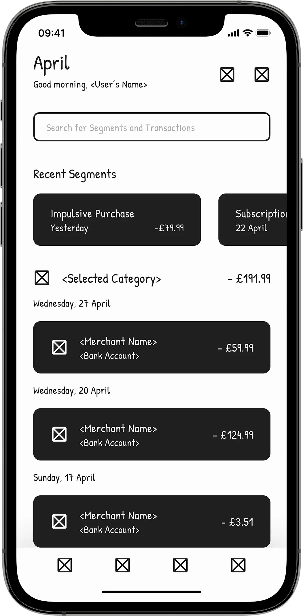 A mobile wireframe showing a dashboard screen containing search and tab bar navigation and informational cards.