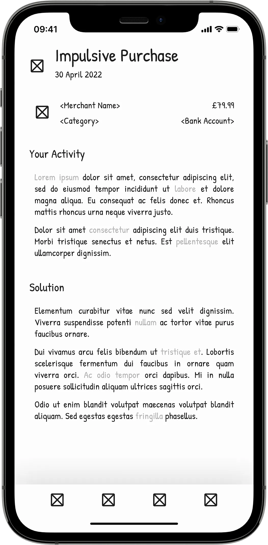 A mobile wireframe showing an example "Impulsive Purchase" habit screen containing bank account and activity content.