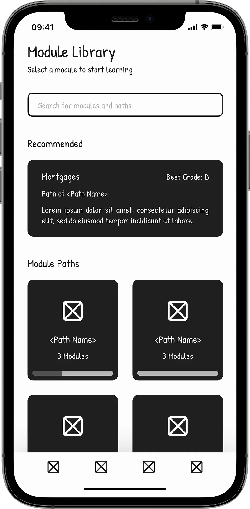 A mobile wireframe showing a "Module Library" screen containing search and tab bar navigation and informational module cards.