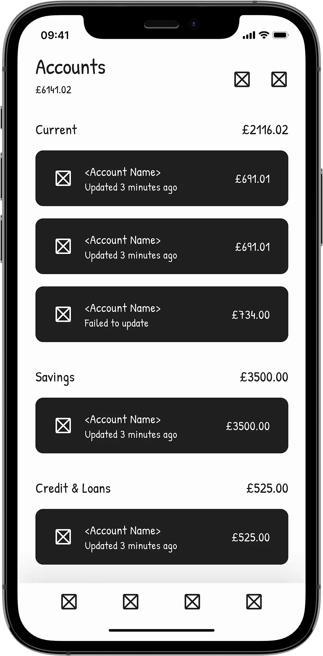A mobile wireframe showing an "Accounts" screen containing tab bar navigation and informational bank account cards.