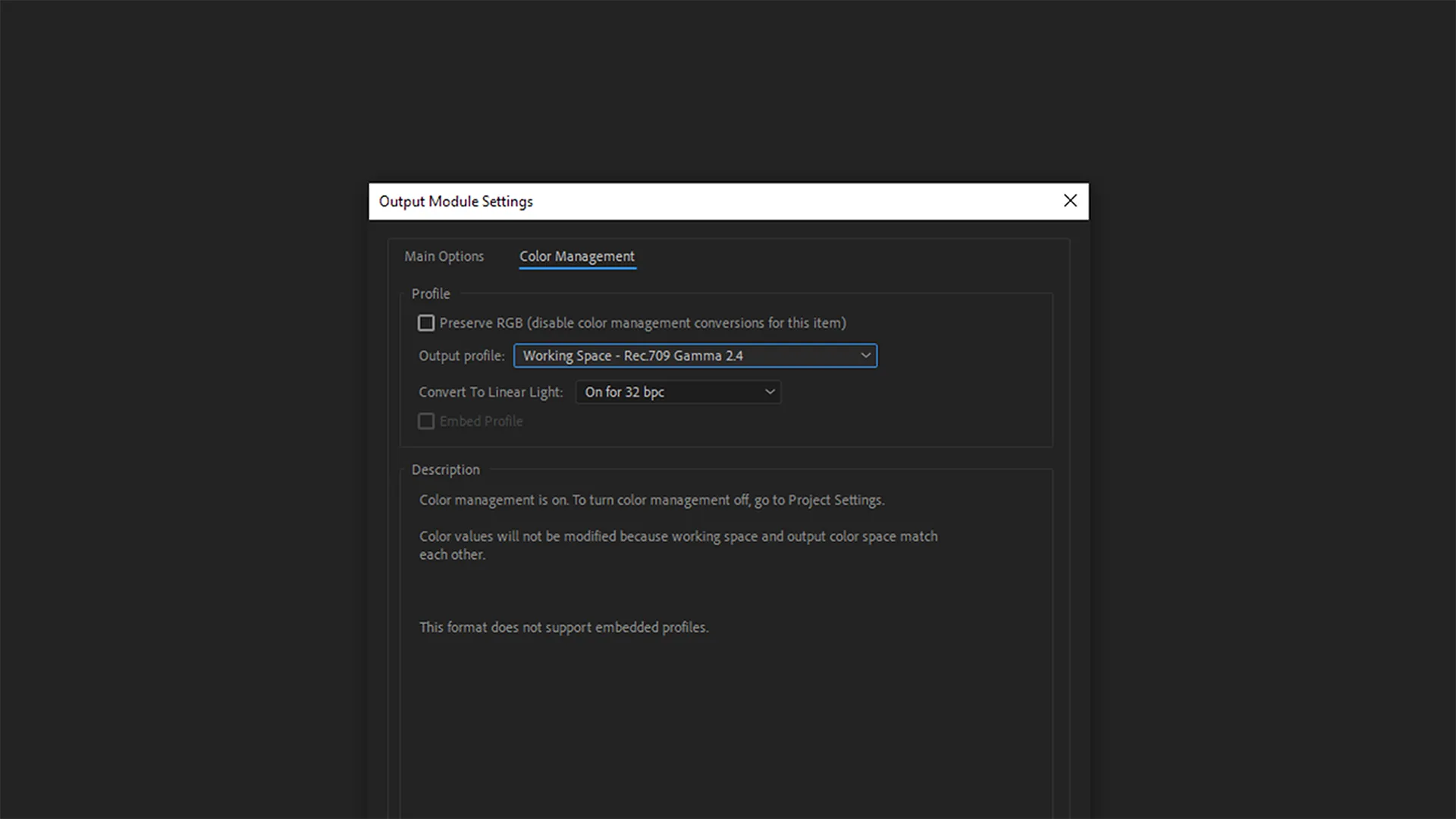 An "Output Module Settings" interface showing a "Color Management" window with various colour profile options.