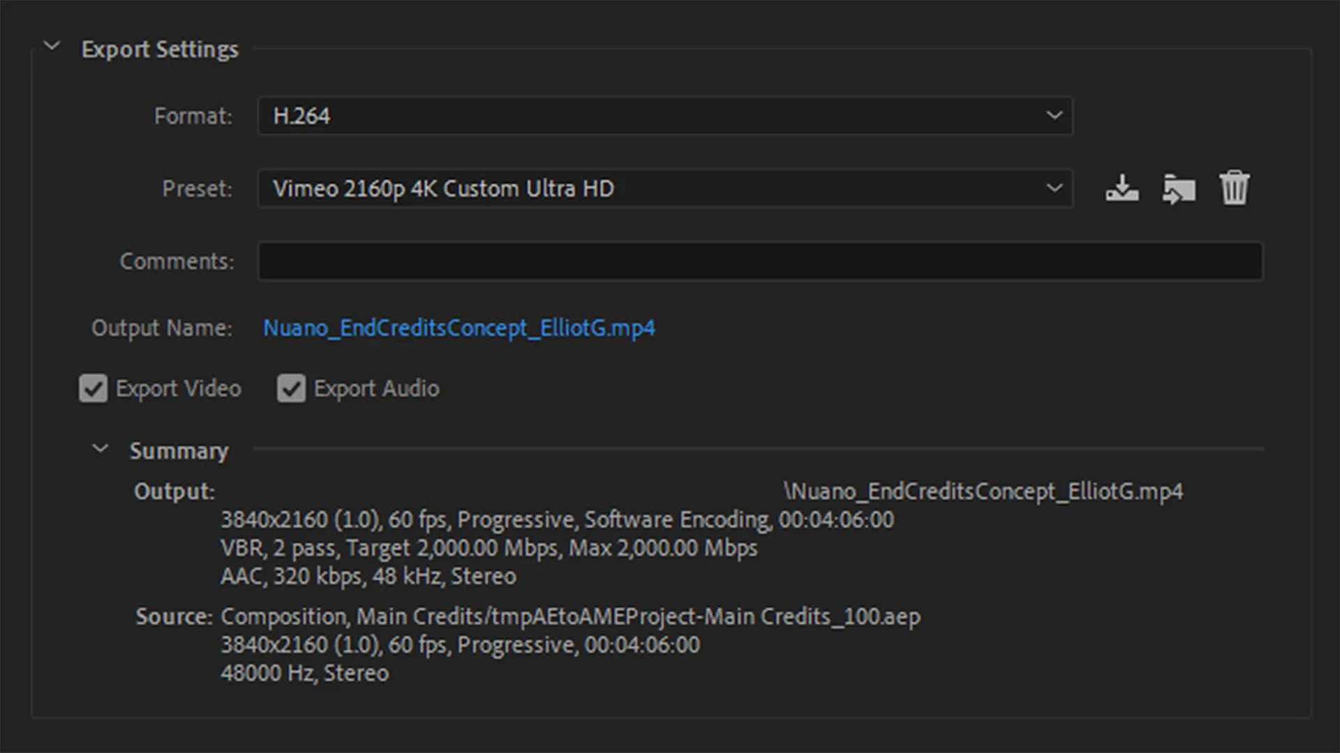 An "Export Settings" interface showing a "Summary" window with various export format and preset options.