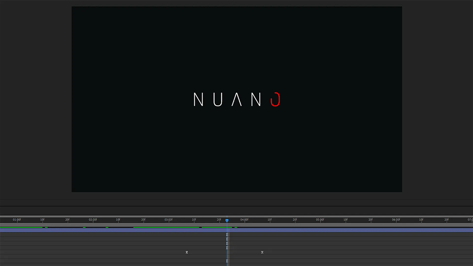 An interface showing a timeline window and a "Nuano" title, where the letter "O" is typed in red within a composition window.