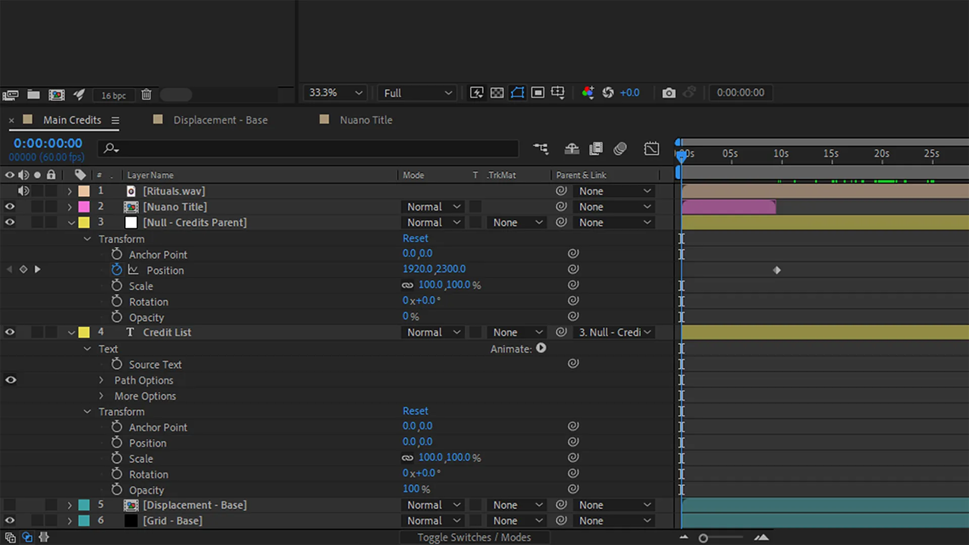 An interface showing sound, composition, null, text, and "Grid" layers within a timeline window.