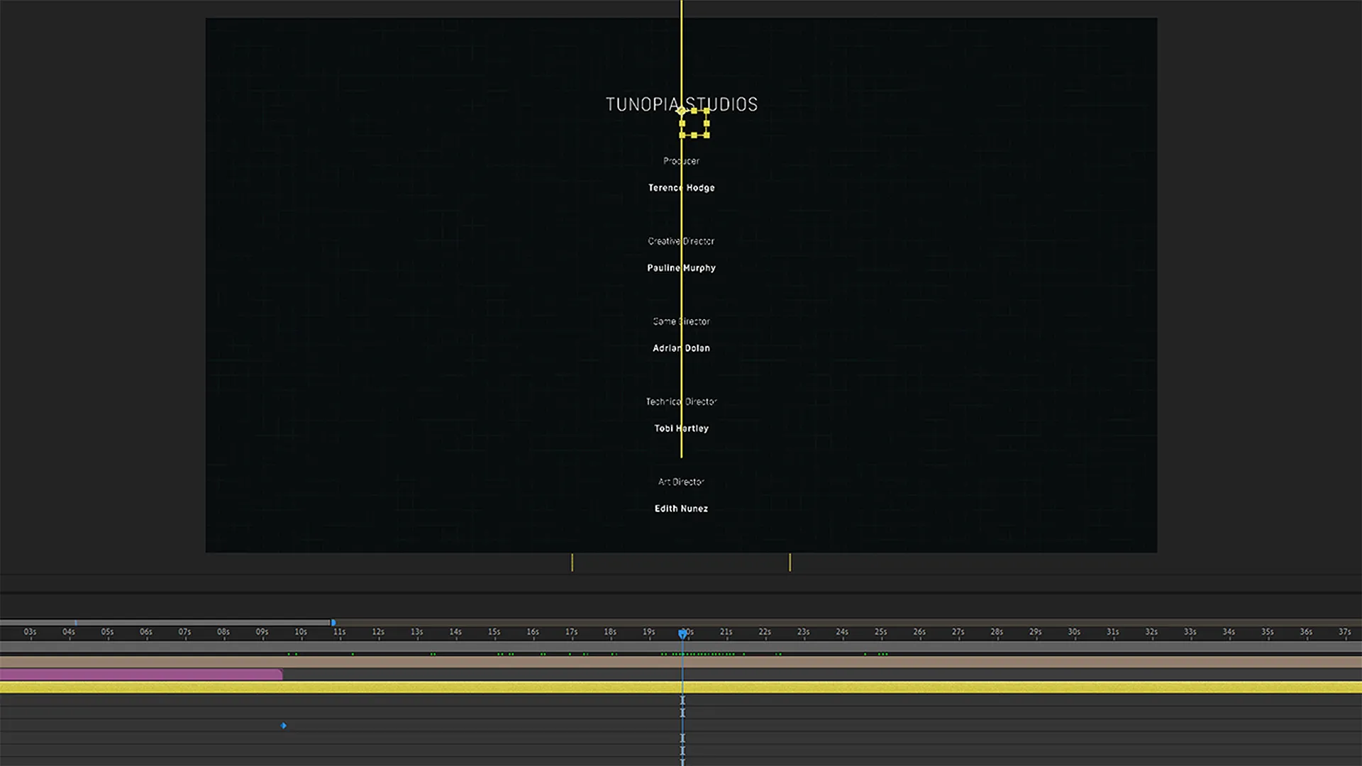 An interface showing a timeline window and the beginning of a rolling credit list within a composition window.