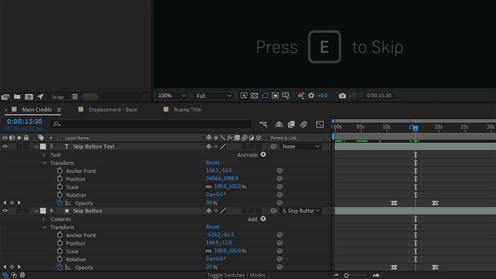 An interface showing text and shape layers within a timeline window and a "Press E to Skip" hint in a composition window.