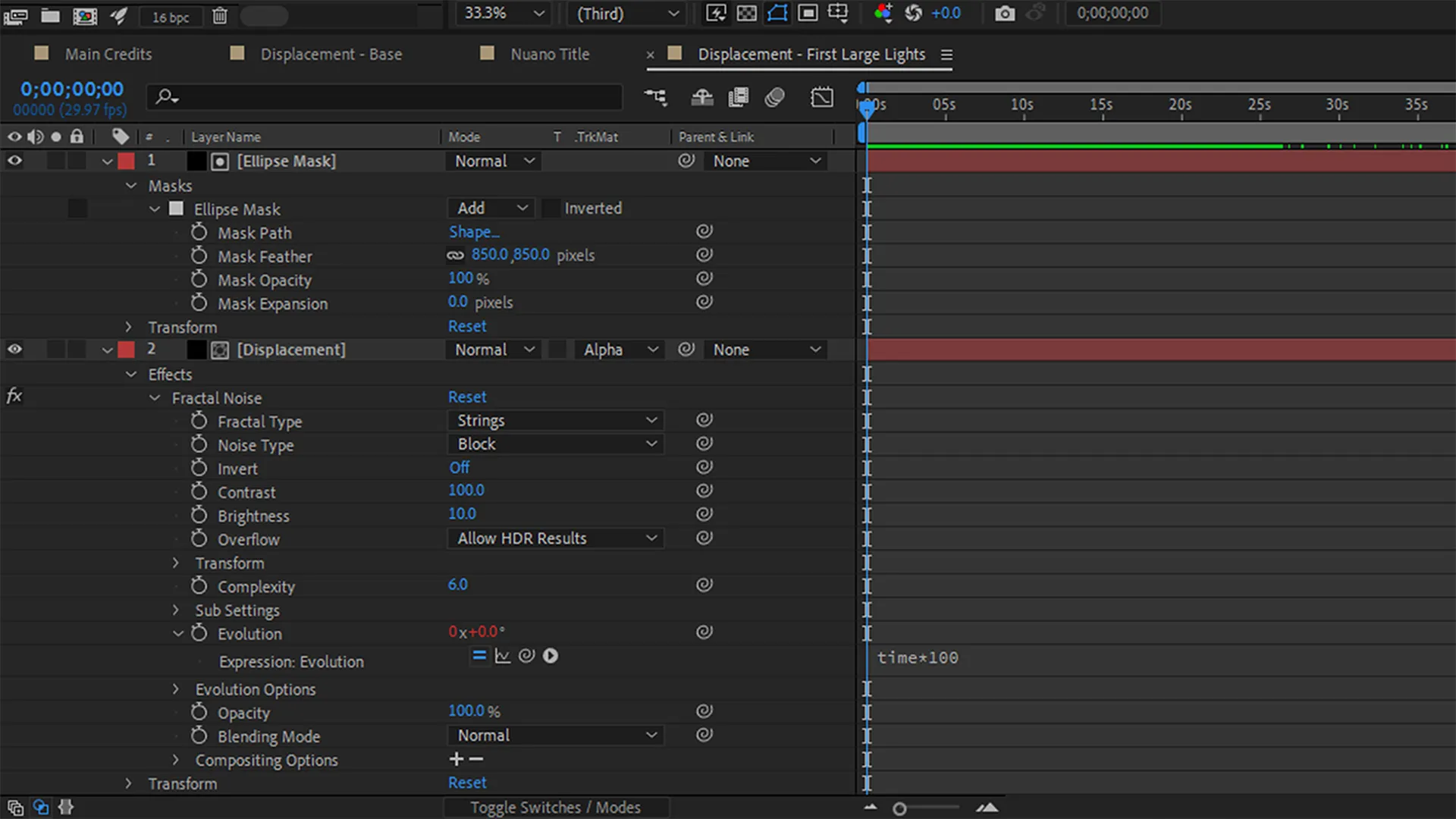 An interface showing mask and "Displacement" layers within a timeline window.