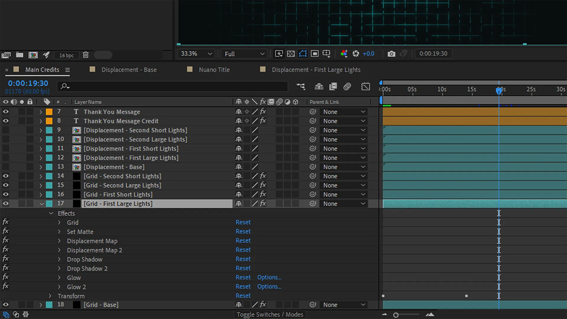 An interface showing text, composition, and "Grid" layers within a timeline window and a grid within a composition window.