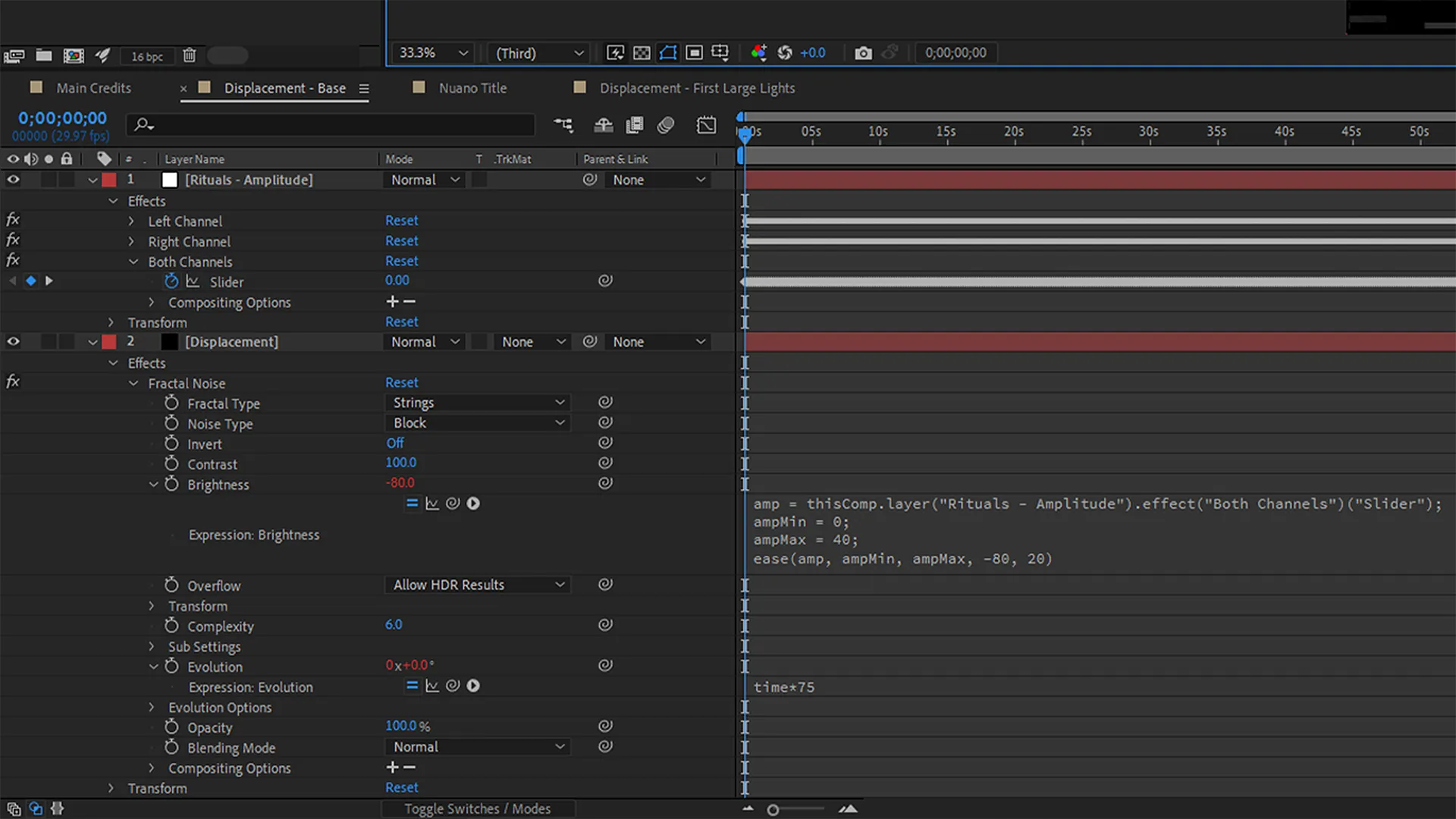 An interface showing null and "Displacement" layers with written amplitude expressions within a timeline window.