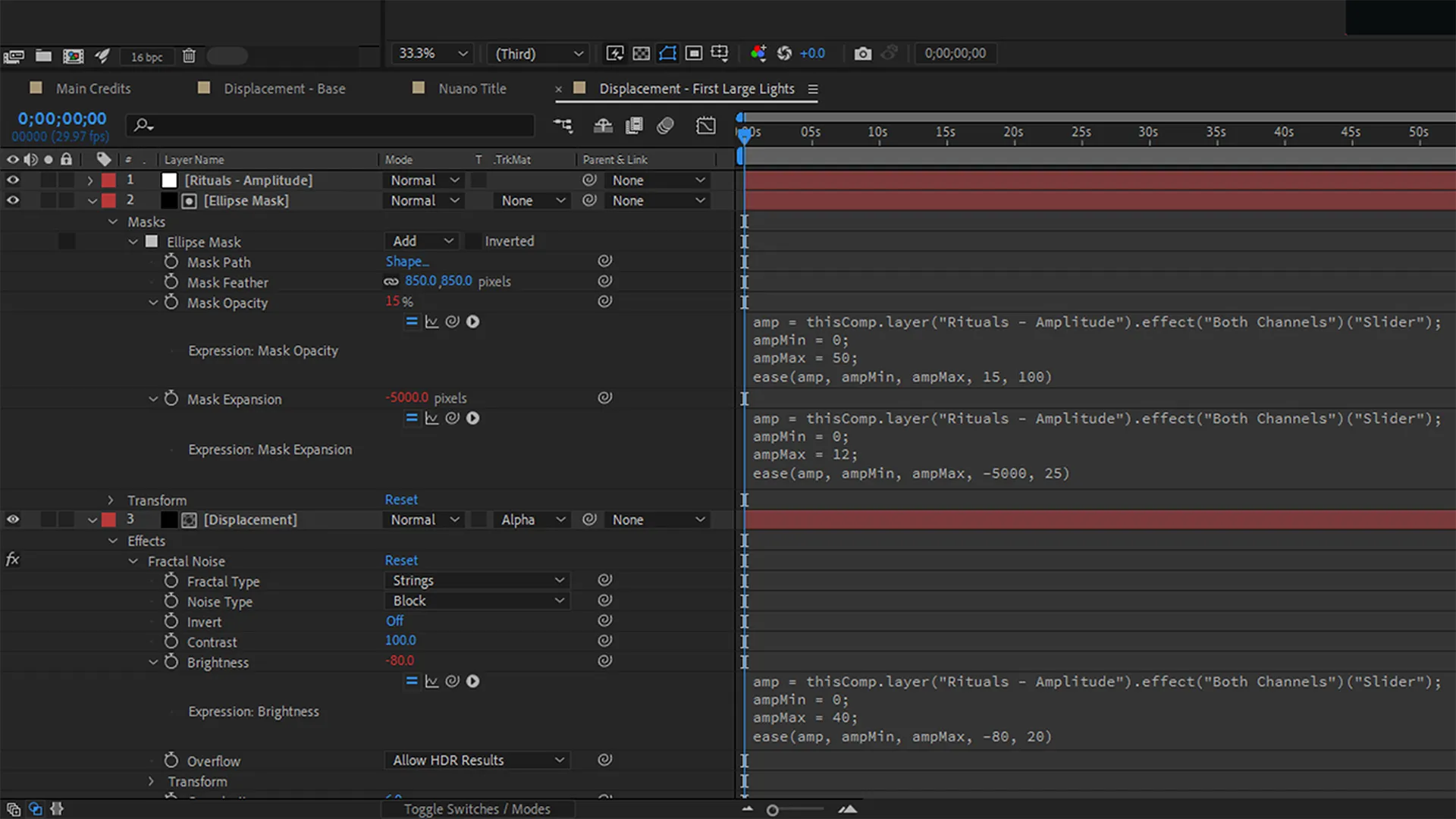 An interface showing null, mask, and "Displacement" layers with written amplitude expressions within a timeline window.