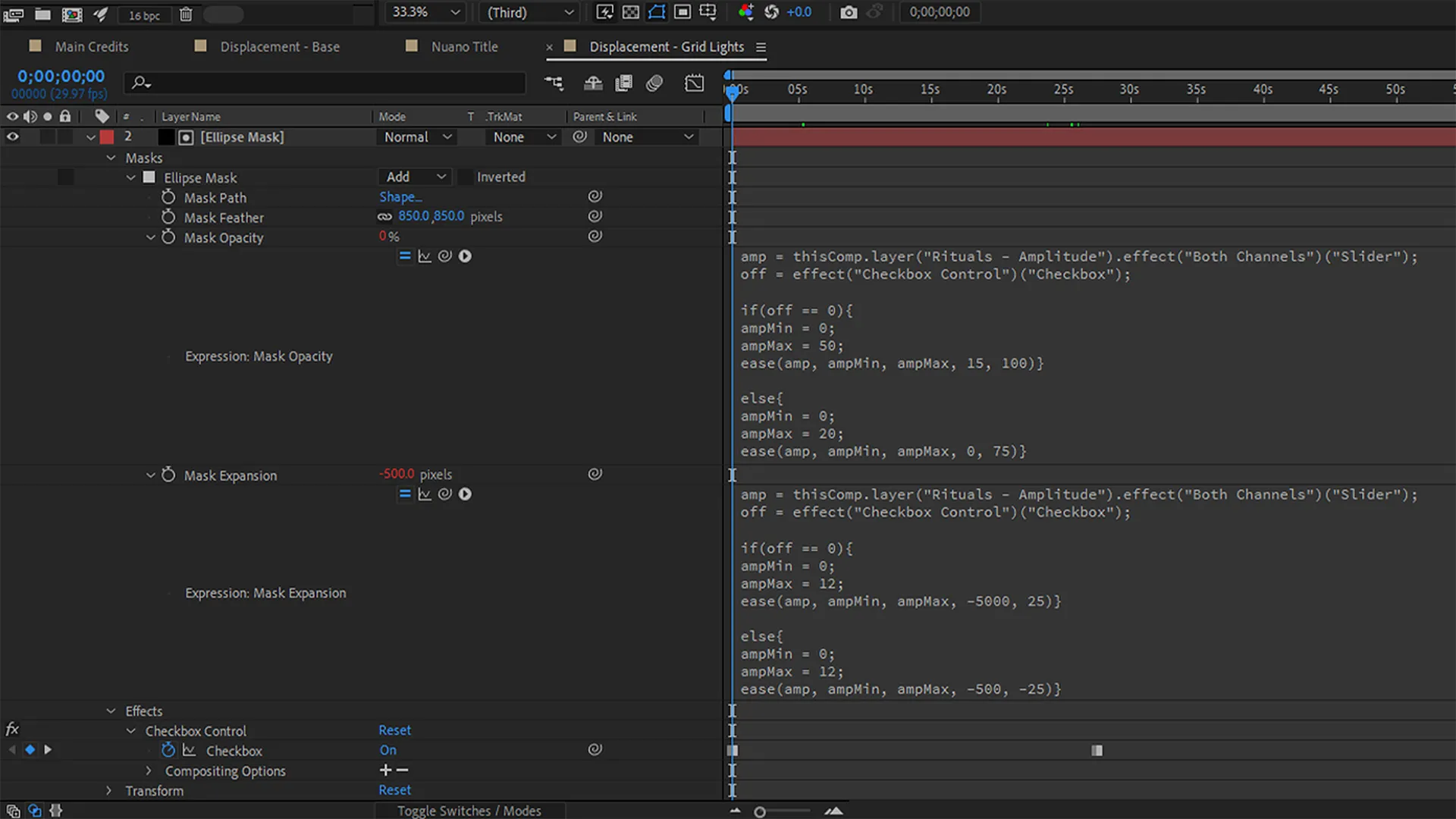 An interface showing a mask layer with written amplitude expressions within a timeline window.