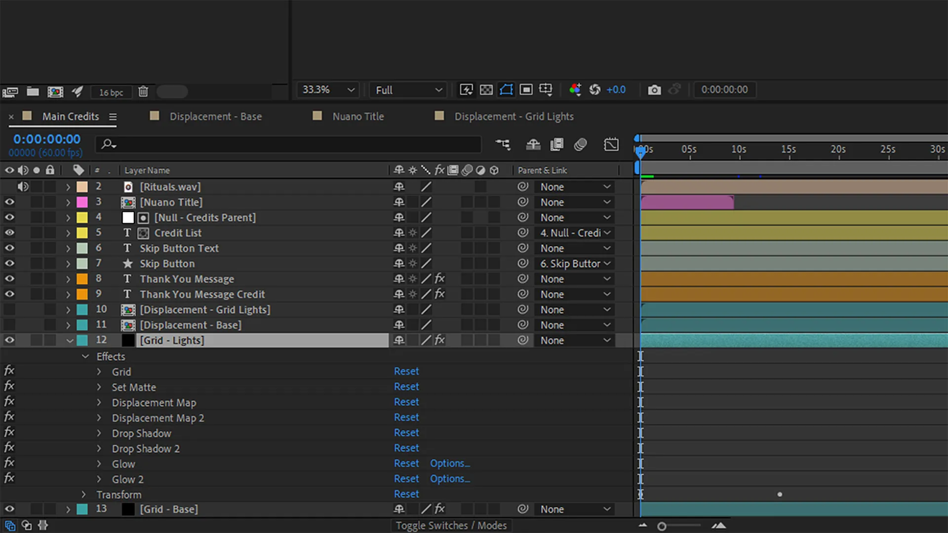 An interface showing sound, composition, null, text, shape, and "Grid" layers within a timeline window.