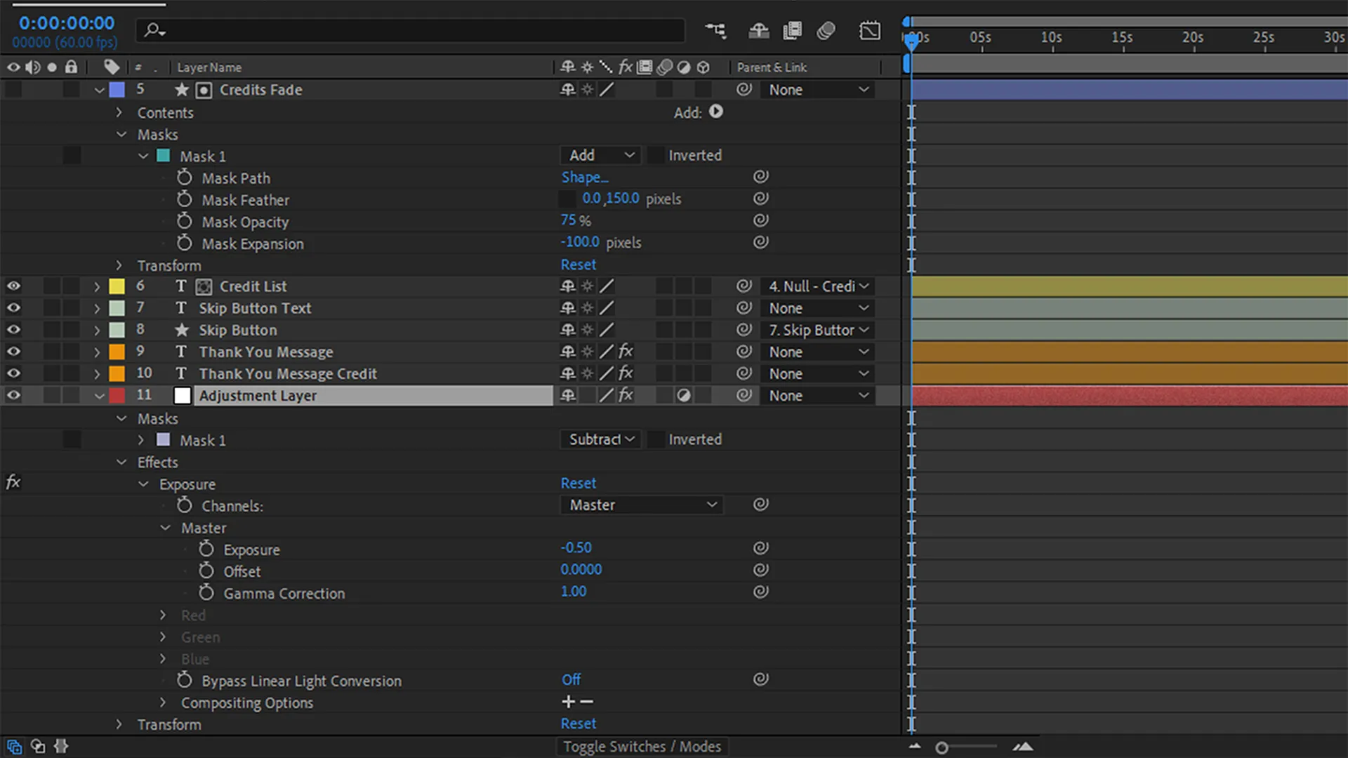 An interface showing mask, null, text, shape, and adjustment layers within a timeline window.